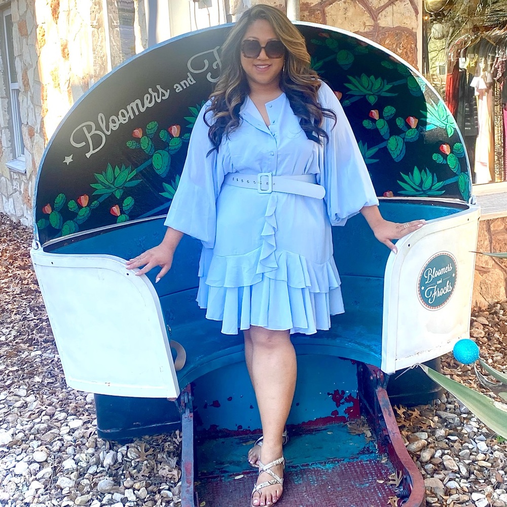 Simplee Plus-Sized Light Blue Ruffled Belted Dress